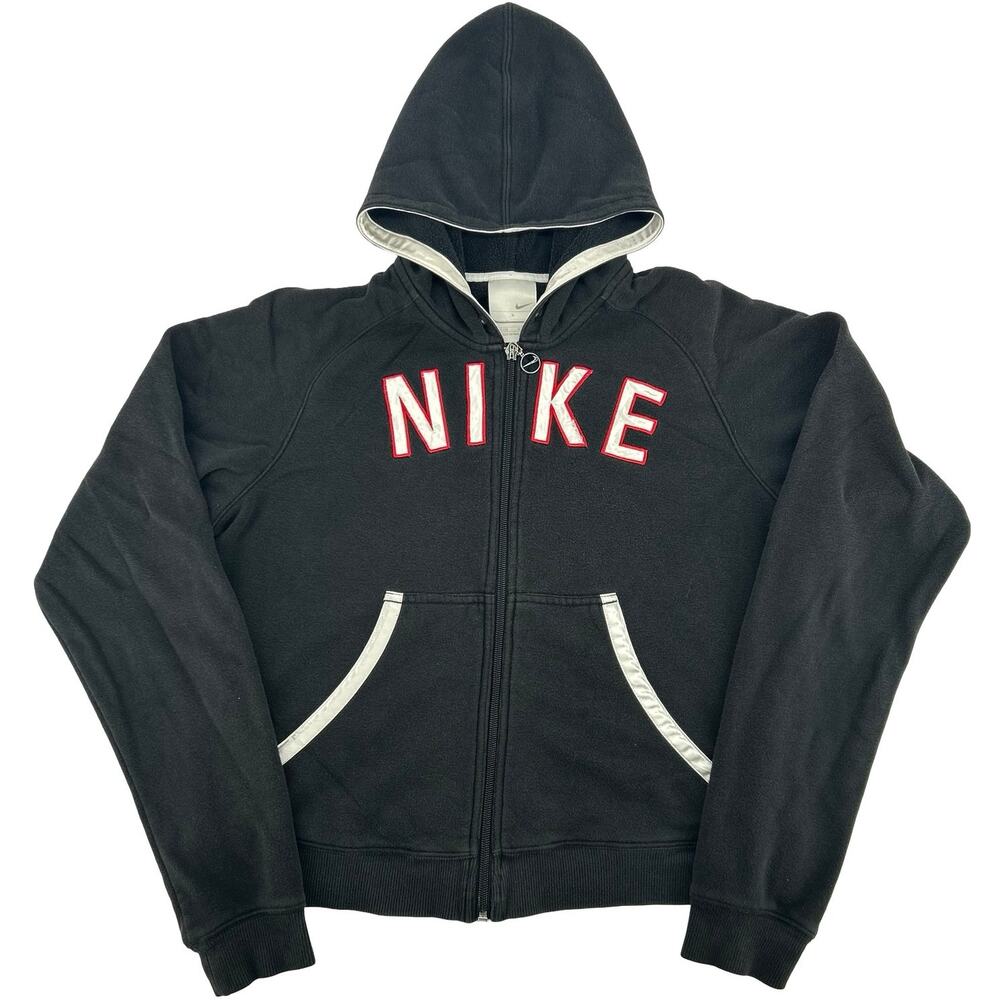 VTG y2k Women's Black Red Embroidered Nike Block Letter Zip Hoodie Sweatshirt ~L